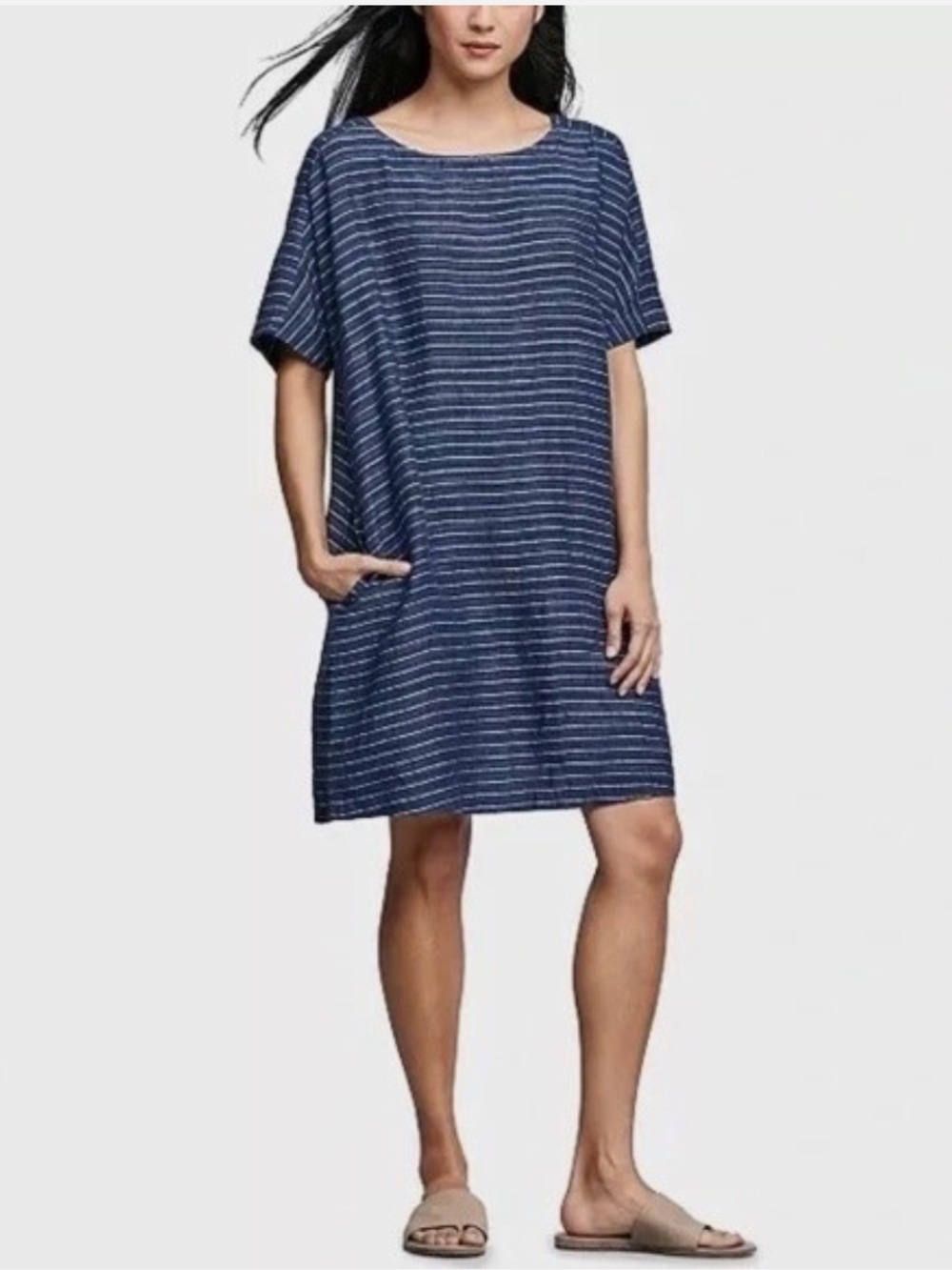 Eileen Fisher Scoop Neck Tunic Dress in Striped Graphite. Size: Medium - Picture 11 of 11